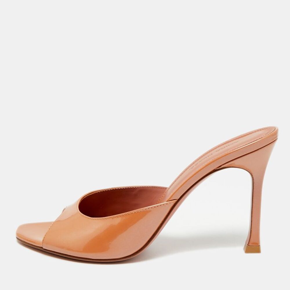 Amina Muaddi Alexa Size 37.5 Brown Patent Leather Slide Sandals